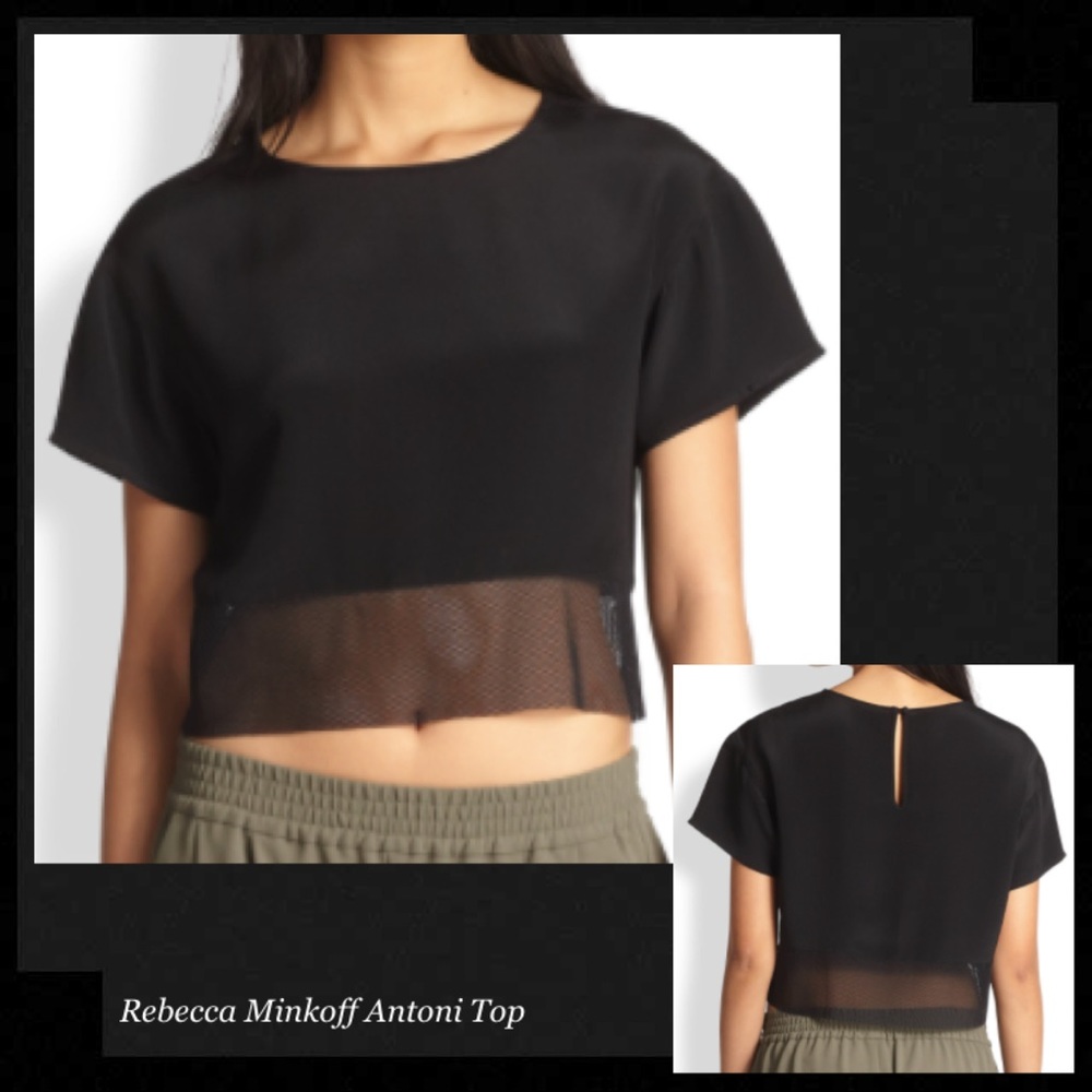 REBECCA MINKOFF 100% Silk Cropped Top w/Mesh Trim